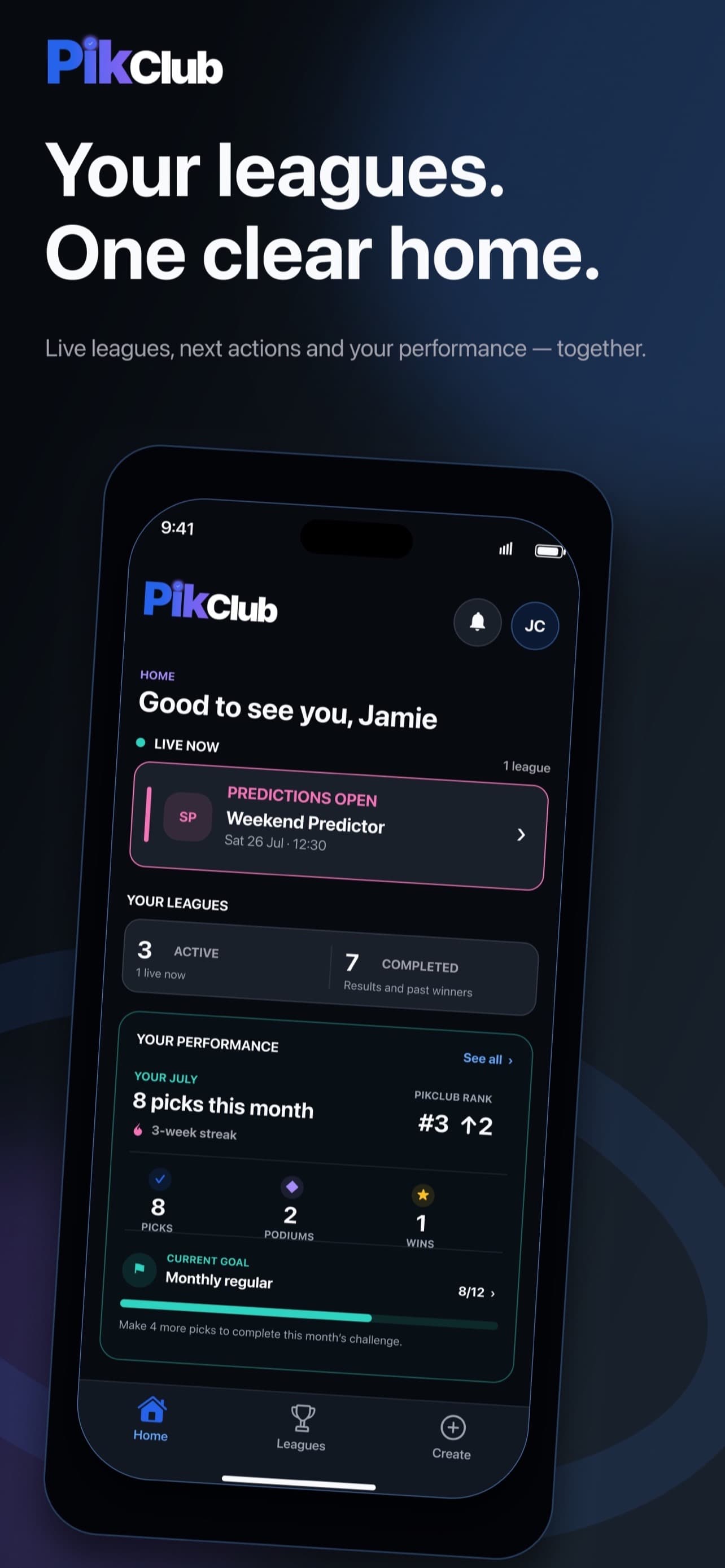 Verified PikClub iPhone home screen showing live leagues and performance